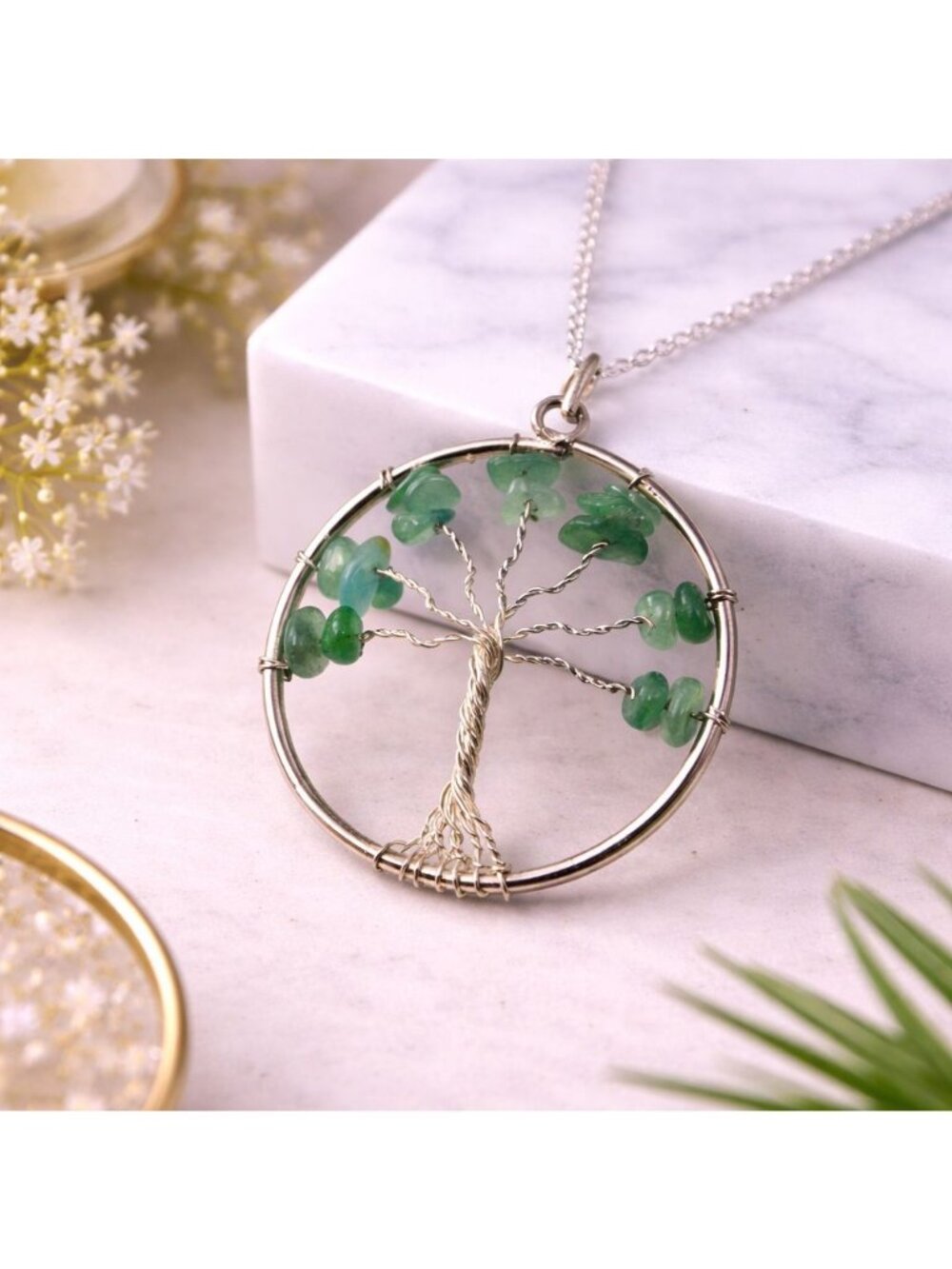 Tree Of Life Necklace With Green Aventurine Gemstones On 925 Silver-Plated Coppe
